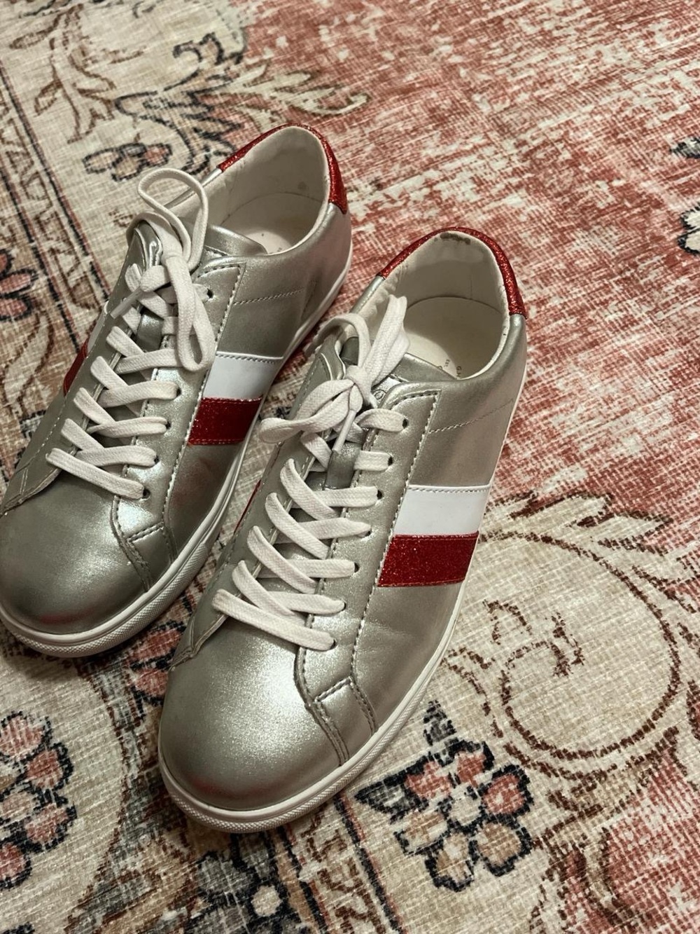 G.H. Bass & Co. Metallic Silver Sneakers with Red and White Stripes